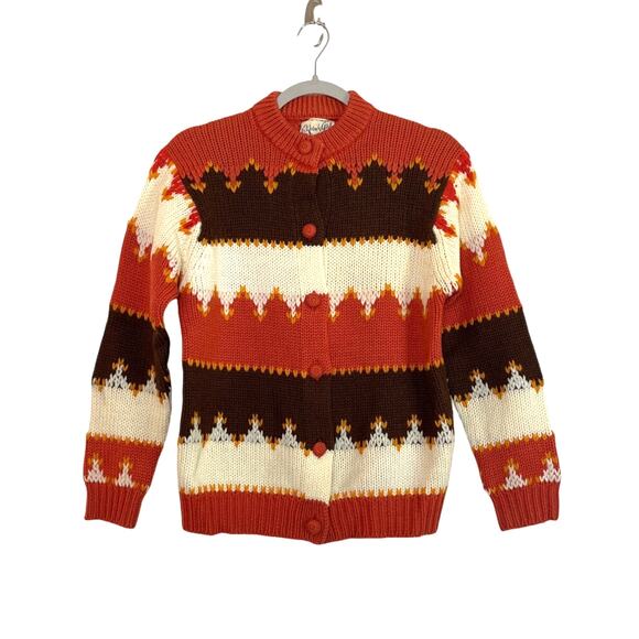Vintage 60s 70s California Girl Fair Isle Cardigan Sweater Orange Brown Sz Large - Picture 1 of 5